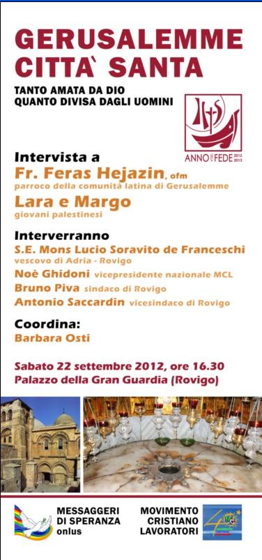 Gerusalemme incontra Rovigo: un appuntamento per conoscere e sostenere i cristiani della Terra Santa